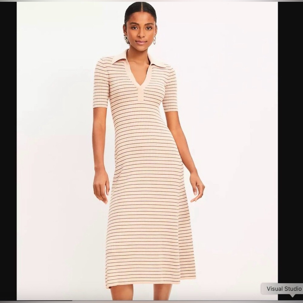 LOFT Striped Short Sleeve Polo Midi Dress